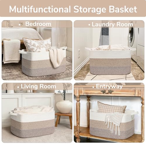 Goodpick Large Woven Storage Basket, 21.6" x 14.9" x 11.8" Rectangle Rope Baskets for Toy Storage, Blanket Basket for Living Room, Bedroom, Light Brown