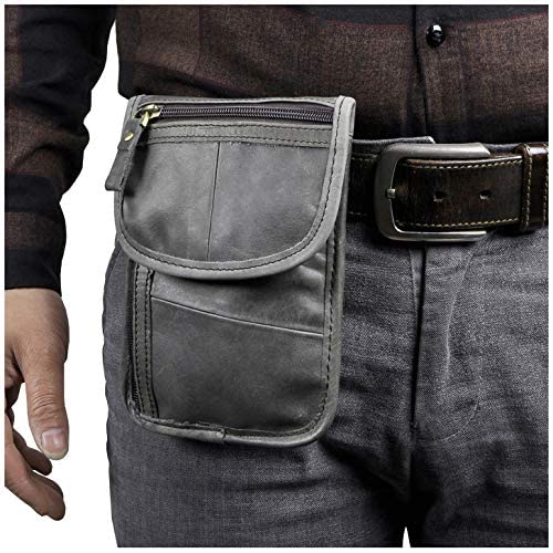 Le'aokuu Men Leather Fashion Mini Messenger Crossbody Bag Hook Waist Belt Bag Pack Cell Phone Case (Grey)3