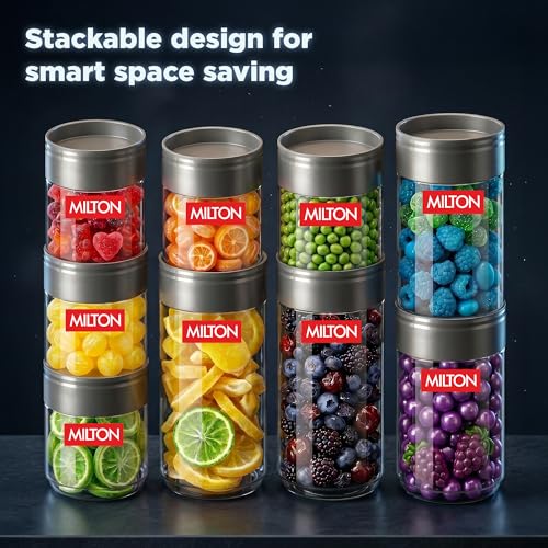 Image of MILTON Stack IT Airtight Kitchen Jars Set of 9 I Food Grade Plastic Kitchen Storage and Containers I Transparent, Stackable & Unbreakable I (5 x 360ml; 2 x 680ml; 2 x 890ml) I Grey