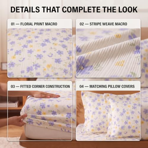 Image of VAS COLLECTIONS 240 TC Premium Fitted Bedsheet, Floral Printed King Size Elastic Deep Pocket Mattress Cover, Soft Breathable Bed Sheet for Bedroom, 72 x 78 + 10 Inches (183 x 198 + 25 cm) - Periwinkle