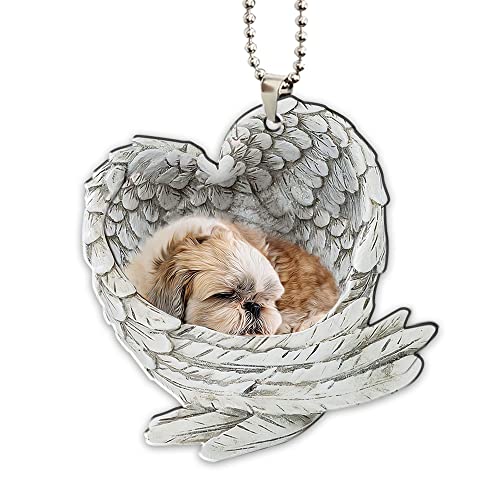 Talataca Shih Tzu Shitzu Schlafender Engelsflügel Tier Haustier Hund Bauernhaus 2D Flacher Auto Rückspiegel Zubehör Weihnachtsbaum Ornament Dekoration Hängender Charme Innen Rückansicht Anhänger Dekor