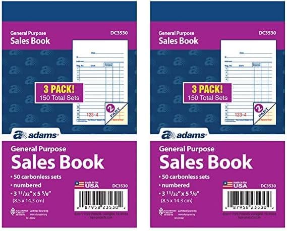 Adams Libro de ventas de uso general, 2 partes, sin carbono, blancocanario, 3-1132 x 5-58 pulgadas, 50 juegoslibro, 3 libros (DC3530) (paquete de 2)