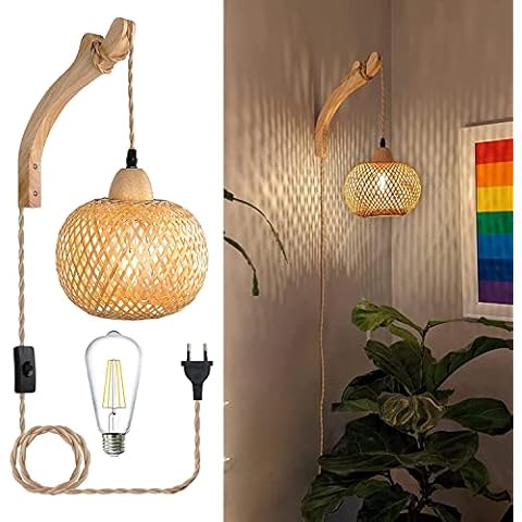 Aplique de pared de bambú retro de madera con cuerda de cáñamo Cover