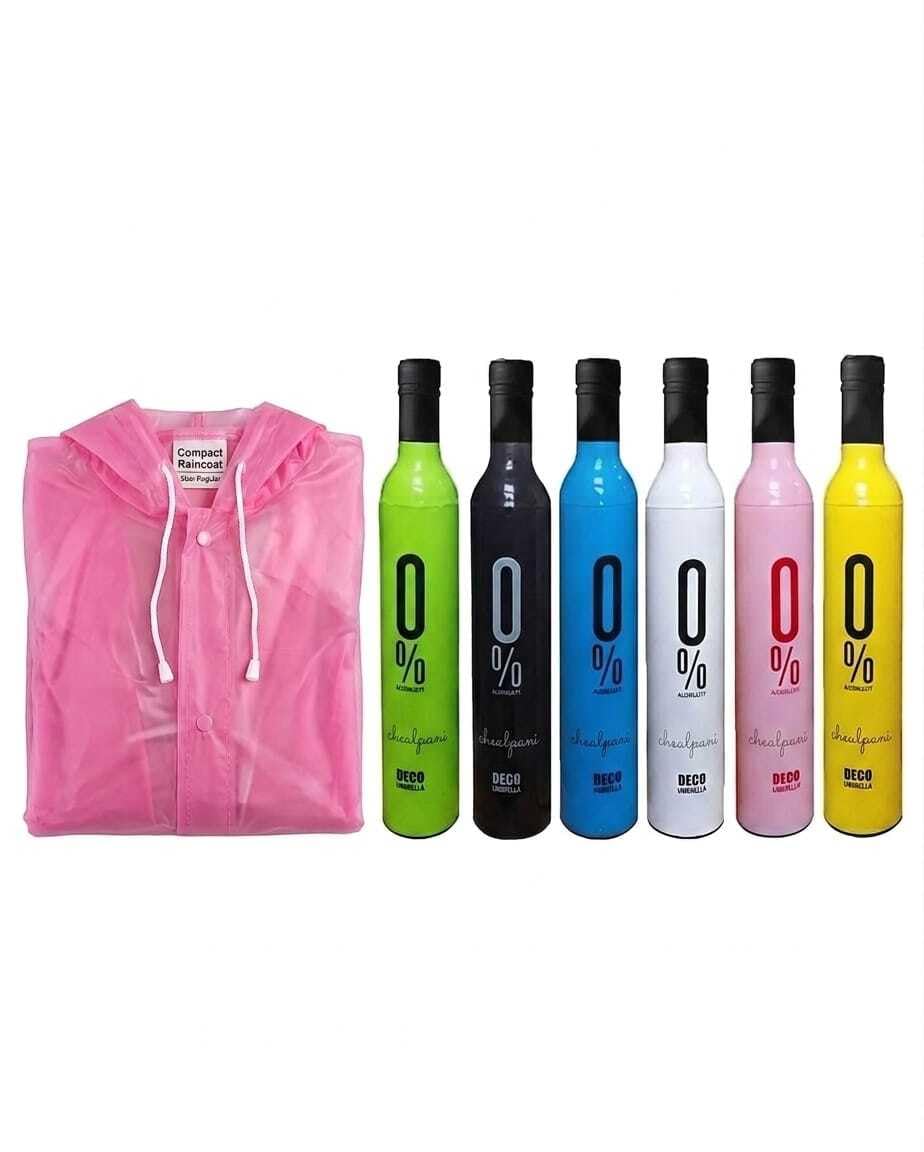 Deco Bottle Umbrella with Compact Raincoat, Multicolour, Set of 2 Items-image-17