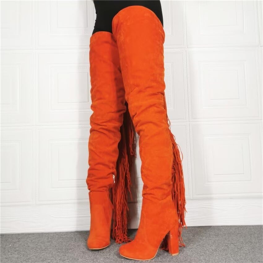 Frankie Hsu Sexy Orange Tassel Chunky Over The Knee Boots, Faux Suede Leather Classic Thigh High Style, Fashion Large Big Size Block Heels Long Shoes For Women2