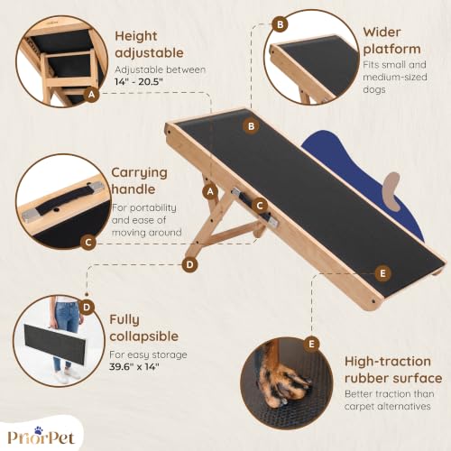Image of Dog Ramp for Couch - Non-Slip, Sturdy Build Foldable Wooden Dog Ramp - Supports up to 200 lbs - 7 Adjustable Heights (14 inch-20.5 inch) - Enhanced Stability - Birchwood Pet Ramp for Small Dogs - Natural