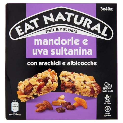 Eat Natural Barritas de frutas y nueces – almendras y sultaninas con cacahuetes y albaricoques – Snack sin gluten – Ideal para viajes – 3 x 40 g