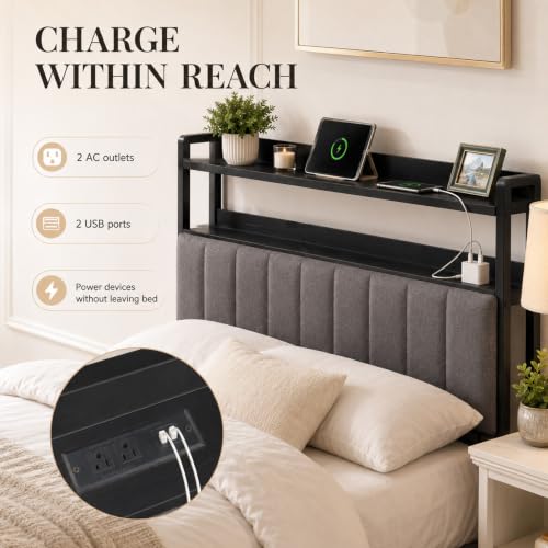 Image of Upholstered Queen Headboard with Storage and USB (Queen (U.S. Standard))