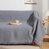 Atokazo ソファーカバー 北欧風 マルチカバー ソファカバー 肘付き 肘なし 多機能 ブランケット 綿 無地 リバーシブル フリンジ付き おしゃれ 保護カバー 防塵 キズ防止 汚れ防止 洗える 四季通用 グレー・ワッフル柄 90X180cm(1人掛け)