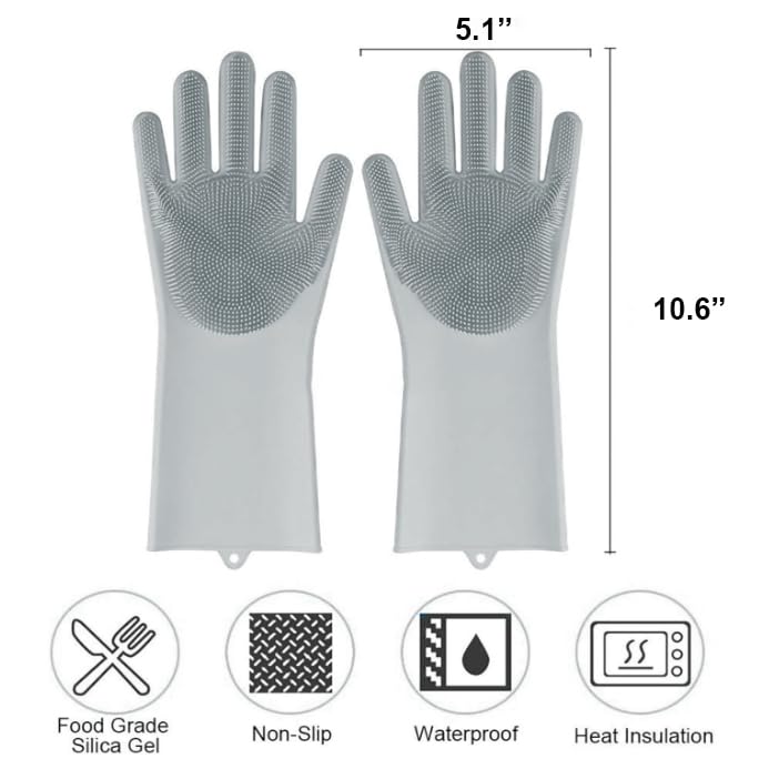 Image of XJ LIVING Magic Silicone Dishwashing Gloves for Kitchen Cleaning, Reusable Silicone Hand Gloves for Dish Wash, Car Wash, Bathroom Cleaning & Pet Grooming (Multicolour, 1 Pair)