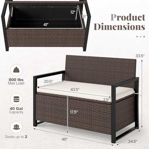 Image of Tangkula 40 Gallon Outdoor Bench with Storage, Patio Wicker Storage Bench with Cushion, Cover, Metal Frame, Deck Box Seat for Backyard, Poolside, Balcony, Garden