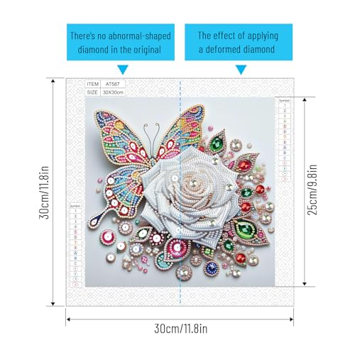 Image of 5D Special Shape Diamond Art Kits for Beginners, Diamond Painting Kits for Adults, Crystal Rhinestones Diamond Painting for Home Wall Decoration Gift 12x12 inch /30x30 cm, Butterfly and White Rose