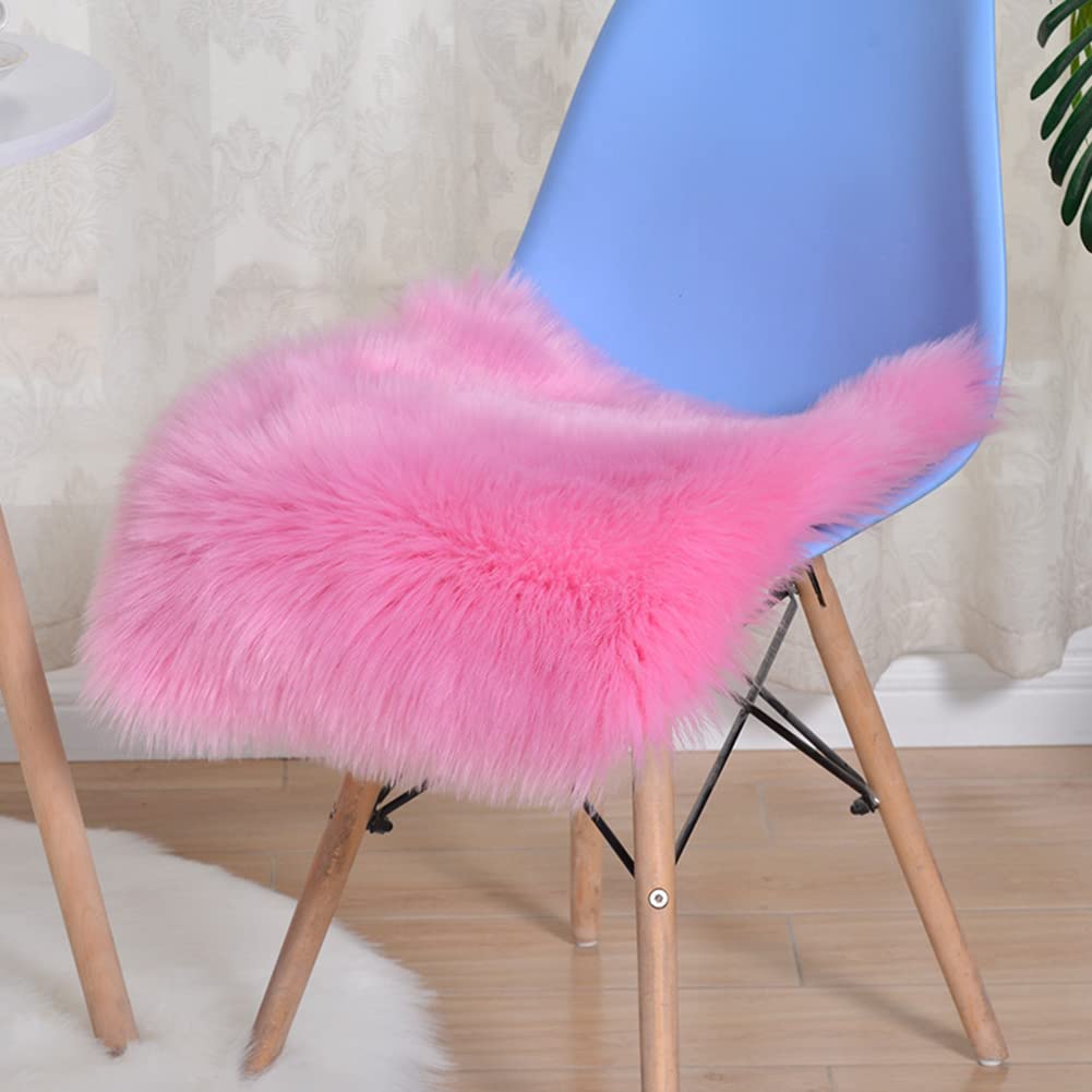 XSlive Square Faux Fur Sheepskin Chair Pad Seat Cushion Soft Fluffy Plush Small Area Rug Carpet Non Slip Suede Backing Chair Cushion for Home Office Decor (Pink,18