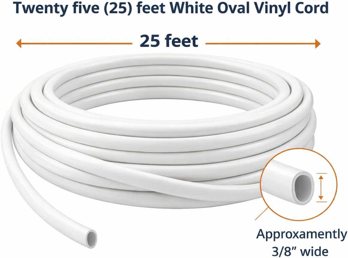 25' White Oval Vinyl Cord Spline Strapping Plastic Mid Century Retro to Repair Patio Furniture Beach Chair