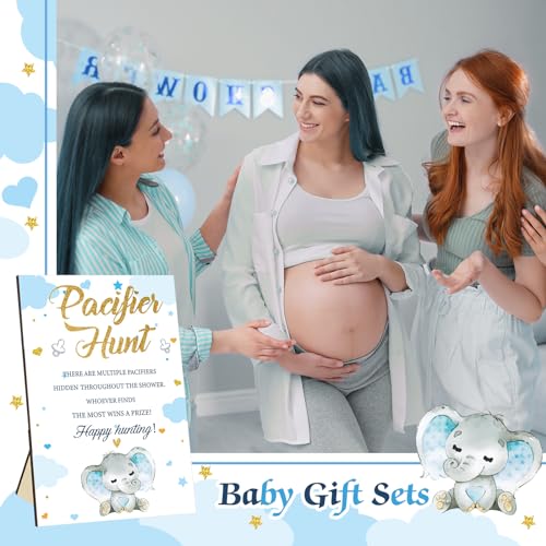 Image of Thyle 51 Pcs Blue Elephant Pacifier Hunt Babyshower Games Include Wooden Happy Hunting Sign and 50 Acrylic Mini Plastic Pacifiers for Baby Boy Girl Gender Reveal Party Supplies It's a Boy Baby Shower