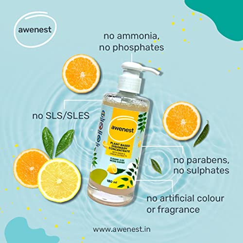 awenest 100% Plant Based Dishwash Concentrate | 180 ml = 450 ml of regular dishwash | 2.5X Concentrated | Neem and Lemon | 0% Harmful Chemicals |... - Image 4