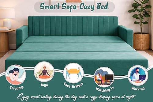 Image of 3-Seater Convertible Floor Sofa Bed with Adjustable Backrest, Modern Velvet Fabric Folding Couch for Living Room, Guest Room & Small Spaces-Green