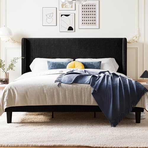Image of Allewie King Size Platform Bed with Corduroy Wingback Headboard, Black | 1000 lb Capacity, Corduroy Wingback Headboard, Vertical Channel Design, Wood Slat Support, No Box Spring Needed /Easy Assembly