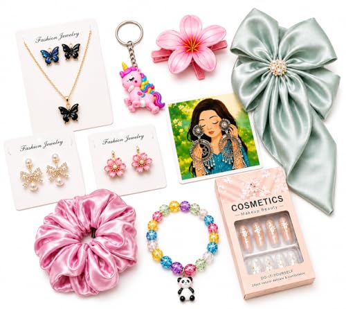 Image of Girls Fashion Accessories teues Gift Hamper Box | Korean Style Jewellery, Hair Bow, Scrunchie, Bracelet, Earrings, Nail Tips & Cute Accessories Combo for Women & Girls