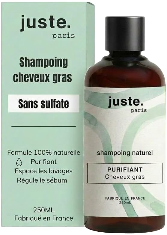 Juste Paris Shampoing Cheveux Gras Naturel - Sans sulfate, silicone, parabène - Soin Purifiant - Excès de sébum, Racines Grasses - Nettoie Sans Assécher -...