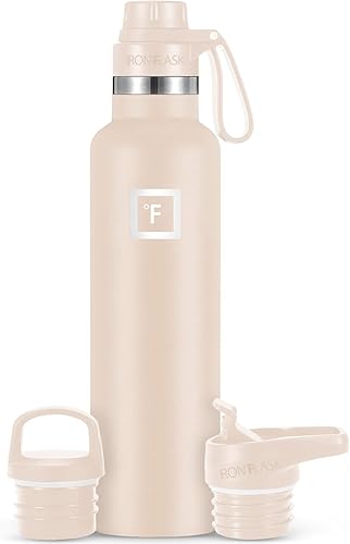 IRON FLASK Botellas de agua de campamento o senderismo, 3 tapas (tapa estrecha boquilla), sin fugas, aisladas al vacío, acero inoxidable de doble