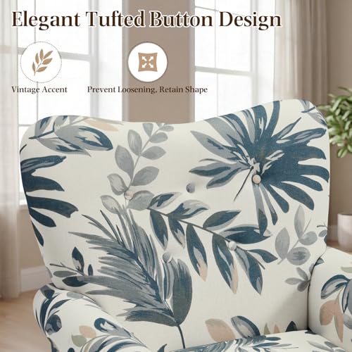 YOLENY Modern Accent Chair,High Back Armchair,Upholstered Fabric Button Single Sofa with Wooden Legs for Living Room,Bedroom,Blue Leaves - Image 4