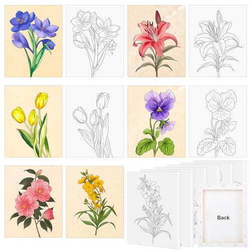 COCHIE 6 Pack 8x10 Inches Flower Pre Drawn Canvas to Paint for Sip and Paint Party Pre Printed Framed Canvases Set Floral Tulip Violet Pre Sketched Canvas for Painting for Adults Kids