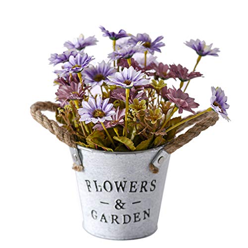 Flikool Plantas Artificiales con Macetas Faux Aster Daisy con Hierro Barrel Pot Flores Artificial Gerbera Crisantemo Simulacion Potted Bonsai Artificiales Margarita - Púrpura Cover