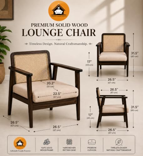 Image of LSGF Mangz Wooden Lounge Chair with Rattan Cane Back | Solid Wood Accent Chair with Cushion | Mid Century Modern Armchair for Living Room, Bedroom & Office (Dark Walnut)
