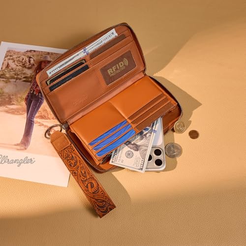 Image of Wrangler Wristlet Wallet, Women Clutch Purses RFID Blocking with Aztec Boho Western Wrist Strap, Wristlet Purse with Zipper Pocket Card Holder for Women Girls Casual Travel Daily, WG310-W006BR