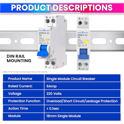 Image of amiciSmart 6A Single Module Circuit Breaker with Over Current, Short-Circuit and Leakage Protection, Shock Proof, 220VAC