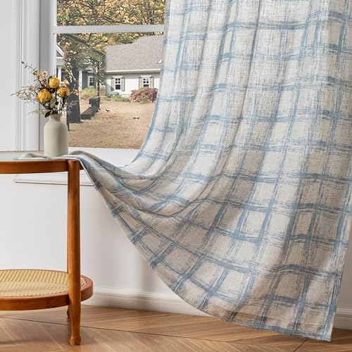 Image of MYSKY HOME 95 inch Curtains 2 Panel Set Curtains for Living Room Dining Room Semi Sheer Light Filtering Back Tab Plaid Window Treatment Farmhouse Style Drapes for Bedroom,50 inchx95 inch, Blue, 2 PCs