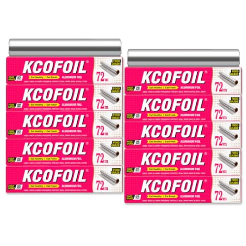 Image of Kcofoil Aluminum Foil| Roll Paper|for Kitchen, Food Packing, Cooking, Baking|Microns in Thickness - (72m,Pack of 10)