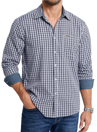 Enlision Camisa Hombre Cuadros Manga Larga Azul Marino Cuadro Camisas para Hombre Talla Grande Button Down con Bolsillo 3XL