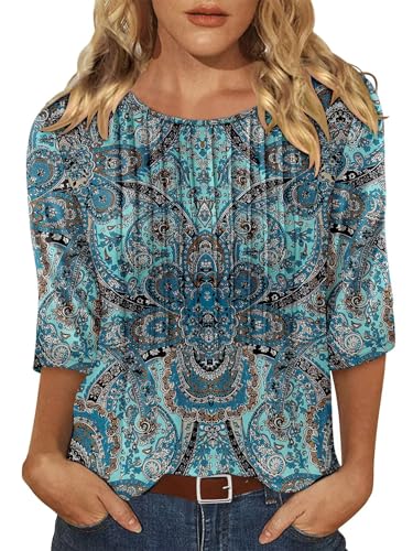 KISSMODA Tunic Tops for Women Loose Fit Dressy Round Neck Pleated 3/4 Length Sleeve Spring Tops