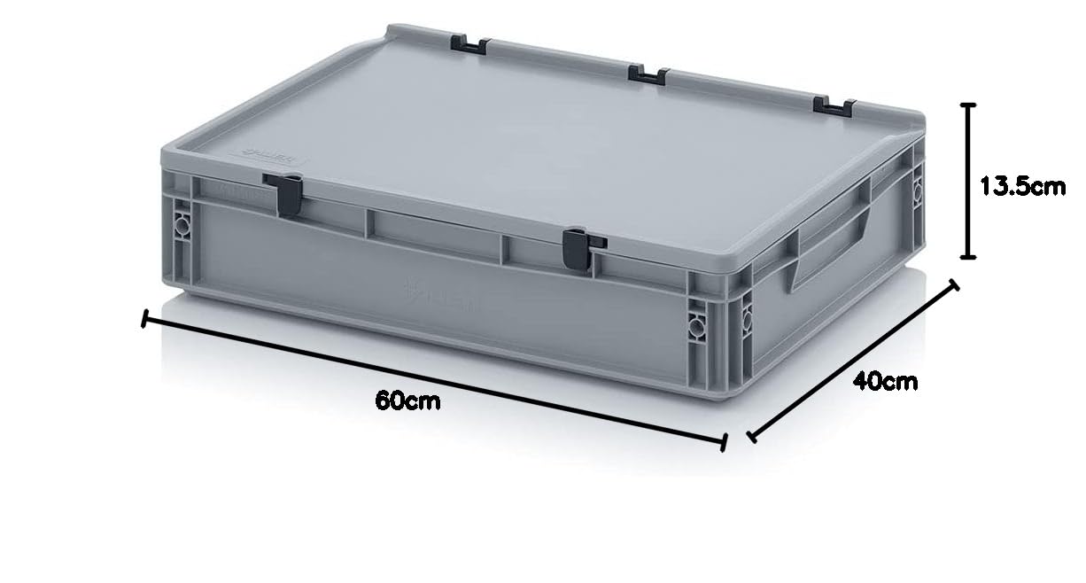 Contenitore euro con coperchio a cerniera ED 64/12 HG Auer, grigio, 24 l, scatola di plastica 60 x 40 x 13,5 cm, maniglie chiuse, contenitore industriale per conservare alimenti, da campeggio