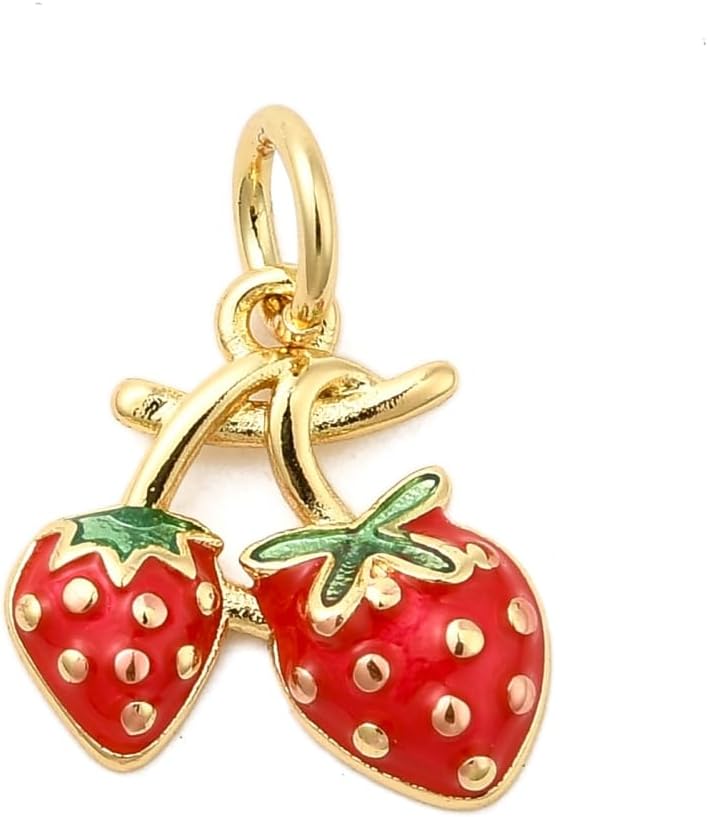 DanLingJewelry 10Pcs Golden Color Imitation Strawberry Brass Enamel Charms Red Fruit Food Charms for Jewelry Bracelets Making Keychain Craft