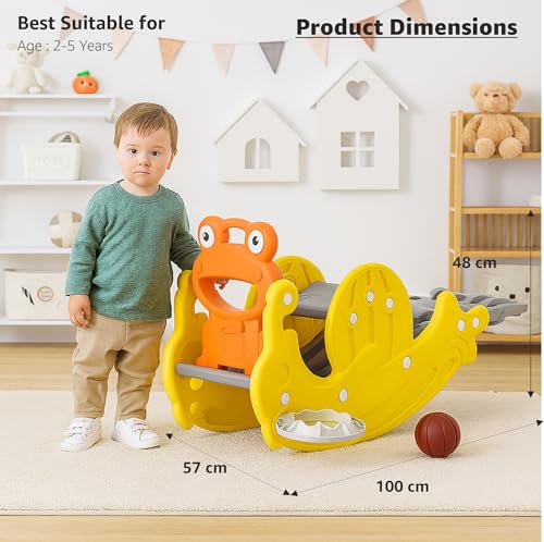 Amazon Brand - Jam & Honey 3 in 1 Frog Foldable Slide, Baby Slide with Rocker & Basketball | with Ball | Foldable Freestanding Indoor & Outdoor Slides| Rideon & Rocker, Multicolor, 18+ Months - Image 2 thumbnail