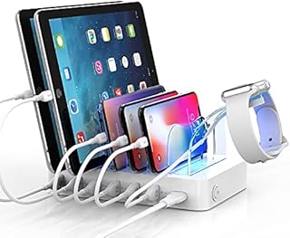 Soopii QC 3.0 60W/12A 6-Port USB Charging Station for Multiple Devices, 8 Short Charging Cables Included, I Watch Charger Holder,for Phones, Tablets, and Other Electronics 