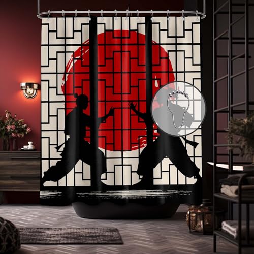 Image of Japanese Shower Curtain Japan Anime Asian Black and Red Shower Curtains for Manly Bathroom Decor Sets, Waterproof Cloth Fabric with Hooks, 60x72 Inch