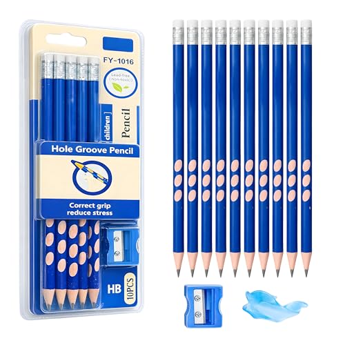 Image of Toyshine HB Pencil Set with Erasers on Top | Pack of 10 Round Hole Groove Grip Pencils with Sharpener & Pencil Cap | Comfortable Writing School Stationery for Kids & Students - Blue