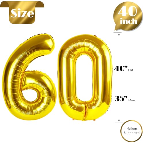 Image of Gold Number 60 Balloon 40 inch, 60 Number Balloons, 60th Gold Birthday Decorations, 60 Year Old Women Men Golden Party Supplies