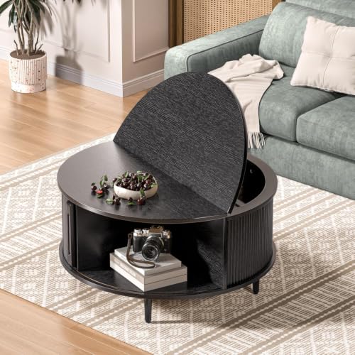 Image of Round Coffee Table, 31.5 inch Fluted Center Table with Storage, Lift-Top Coffee Table with Adjustable Footpads, Sliding Door, Mid-Century Modern Center Table for Living Room, Small Space (Black)