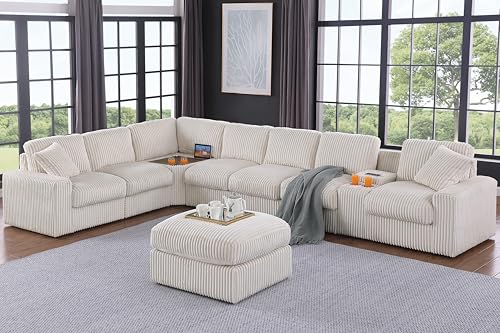 Image of Ball & Cast 157 inch Oversized Modular Sectional Sofa L-Shaped,Large Corduroy Upholstered Couch 8 Seat with Ottoman,Cup Holders & USB Ports,Comfty Sectionals W /Pillows & Storage Box,for Living Room,Beige