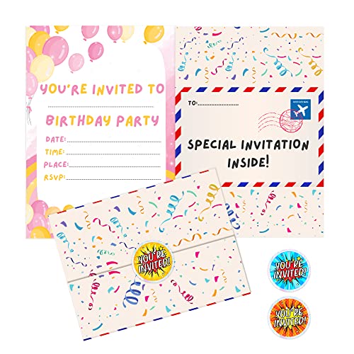 BestaFiesta 36 Kids Childrens Birthday Party Invitations with Folding Envelope Design and Holographic Stickers (Pink)