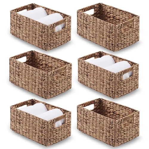 Image of BLUEWEST Woven Baskets for Storage (Pack 6) Wicker Water Hyacinth Storage Basket with Sturdy Built-in Handle, Multifunction Collapsible Handwoven Basket for Living Room, Bathroom, Wardrobe, Shelves