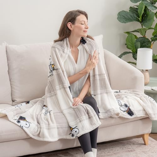 Image of Berkshire Blanket Peanuts VelvetLoft Cute Character Snoopy Plush Throw Blanket,Lakeside Plaid Harvest Snoopy and Woodstock Grey,Throw 55 in x 70 in (Official Peanuts Product)