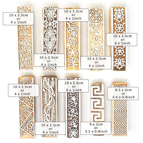 Image of Hashcart Wooden Stamp Block, Printing Stamp Design Set | Block for Printing Saree Border | Dresses, Craft Card Making, Scrapbook, Clay Pottery | Set of 10