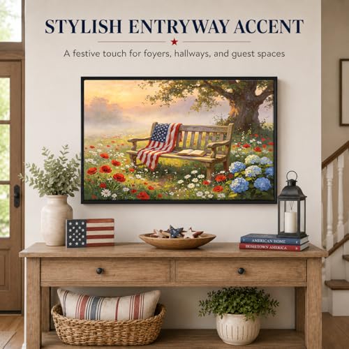 Image of American Flag Framed Canvas Wall Art, 4th of July Floral Canvas Prints, Wildflower Landscape Patriotic Decorations, Vintage Rustic Independence Day Wall Decor for Bedroom Living Room Office 11x14