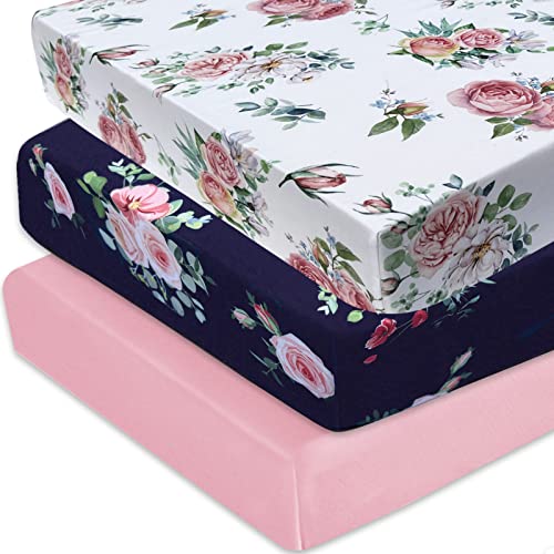 Image of AMROSE 3 Pack Soft Floral Crib Sheets for Baby Girls, 28'' X 52'' Fitted Crib Sheets for Crib and Toddler Mattress Pad, Silk Touch Gentle Breathable Microfiber, Floral Flowers